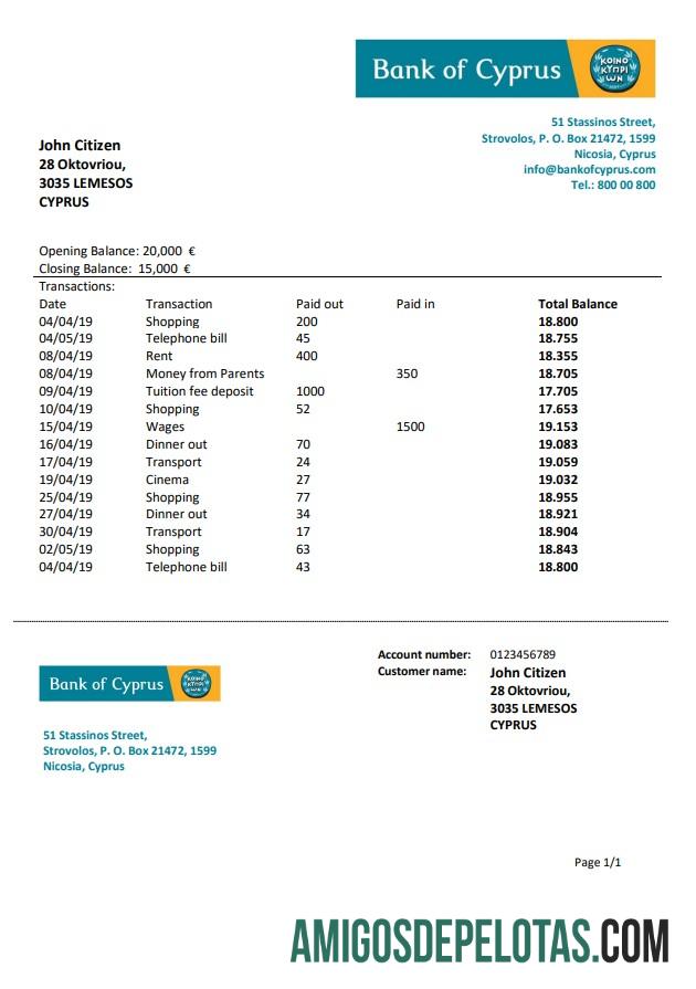Exemplo de extrato bancário do Banco de Chipre